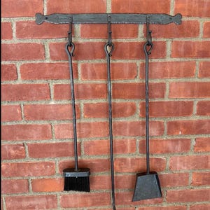 Set of 3 Hand Forged Fireplace Tools w/ optional hanging hooks or stand - fire poker, shovel, and broom