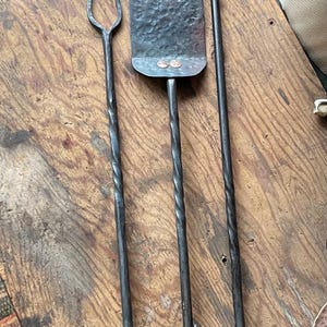 Set of 3 Hand Forged Grilling / Campfire Tools w/ optional hanging hooks - fire poker, spatula, and fork