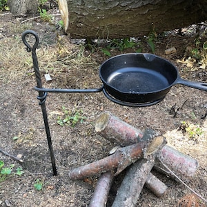 Campfire Skillet Holder and Pot Hanger with Post - Camping Swingarm with mounting post- Hand Forged