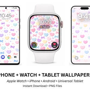 May include: A digital display featuring a repeating pattern of pastel hearts and bows. The image is displayed on a smartphone, a smartwatch, and a tablet. The text at the bottom reads "PHONE + WATCH + TABLET WALLPAPERS".
