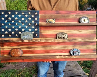Handcrafted Rustic Wooden American Flag with Belt Buckle Shelf