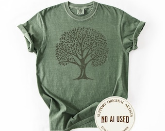 Vintage Boho Linocut Tree Of Life Comfort Colors Shirt, Monochrome Floral Retro Spring Gift For Her, Silk Screen Wood Block Print Aesthetic