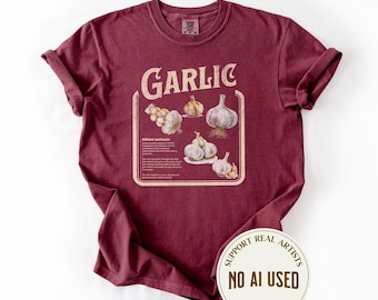 Garlic Shirt Comfort Colors Vintage Graphic, Gift For Gardeners and Garlic Lovers, Retro-style Watercolor Fruit and Veggie Illustrations