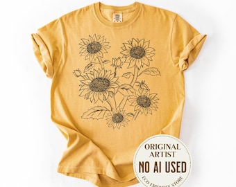 Vintage Sunflowers Flower Market Comfort Colors Shirt, Hand Drawn Boho Floral Gift For Gardener, Retro Botanical Flowers Tshirt