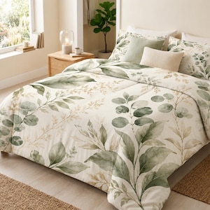 Sage Green Botanical Comforter | Neutral Nature Bedding | Watercolor Leaf Comforter | Modern Bedroom Decor