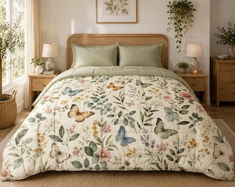 Butterfly Meadow Comforter | Botanical Butterfly Bedding | Floral Comforter | Cottagecore Bedroom Decor | Nature Inspired Bedding