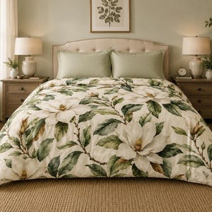 May include: A bedding set featuring a cream-colored duvet cover with a large-scale botanical print of white magnolia flowers and deep green leaves. The set includes two matching solid sage green pillowcases placed against a tufted headboard.
