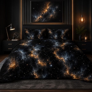 May include: A bedding set featuring a dark space-themed print with swirling clouds of black, deep blue, and glowing orange light. The pattern covers the duvet and two matching rectangular pillows, creating a celestial aesthetic across the bed.