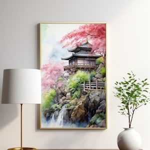 Japanese Temple, Watercolor Art, Digital Download Print, Japanese Landscape
