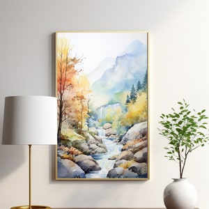 Creek wall art, River drawing, Landscape, Watercolor style, large print, Gallery art, Museum poster, Mountain canva, for her, Nature picture