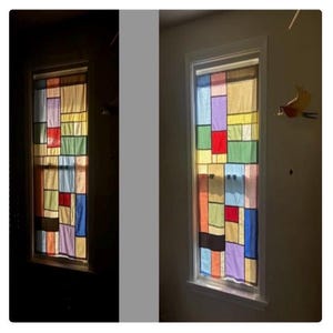 May include: A rectangular window curtain featuring a patchwork design of various colored fabric panels including red, blue, yellow, green, and purple. The curtain is shown in two lighting conditions, displaying how light filters through the fabric.