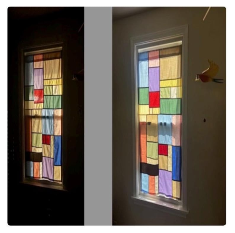 May include: A rectangular window curtain featuring a patchwork design of various colored fabric panels including red, blue, yellow, green, and purple. The curtain is shown in two lighting conditions, displaying how light filters through the fabric.