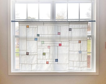 Custom Made Pojagi Curtain | Handmade Organic Linen Patchwork Window Panels | Boho Drapes