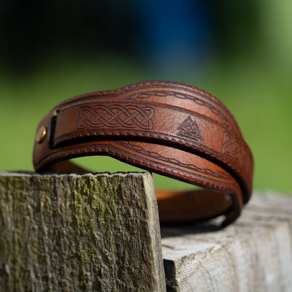 Valhalla Leather Bracelet Viking Style Double Strap | laser engraved leather bracelet