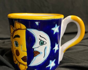 Vintage Talavera Sun and Moon Celestial Hand painted Coffee Mug, Teacup