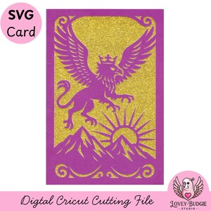 Tarjeta SVG de grifo: archivo de corte digital de montañas de fantasía al amanecer para Cricut / Tarjeta de cumpleaños para papá, hijo, hijo, manualidades de papel para el Día del Padre