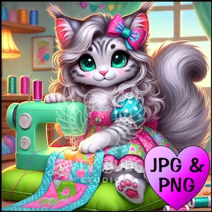 Art numérique téléchargeable mignon chat maine coon à coudre coloré - 2 formats PNG et JPG animaux de compagnie artisanat images pour papercraft ou sublimation