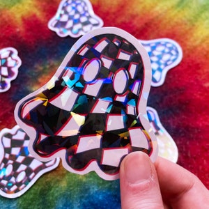 Holographic Glitch Ghost sticker, Spooky cute Gift, Halloween Goth Decal, Handmade Sticker