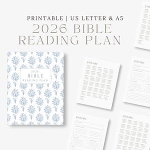 Peut inclure: Un plan de lecture biblique imprimable pour 2026. La couverture présente un motif floral bleu et blanc. Le texte sur la couverture indique "2026 Bible Reading Plan". Plusieurs pages avec le mois de janvier sont également visibles.