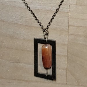 Orange stone in rectangle frame necklace antique gold chain with toggle closure, 20&quot; long