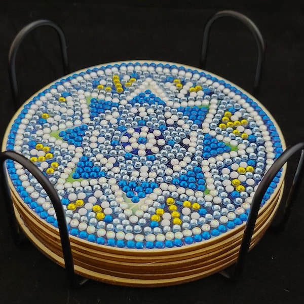 Mandala design 4" wood coaster set of 6 decorated with diamond painting with black metal holder