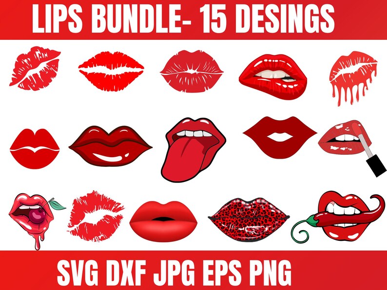 Sticked Lips Red Lips Svg Bundle/ Lips Clipart/ Lips Png File/ Lipstick Svg/kisses ...