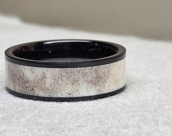 Black Ceramic Band with Rustic Antler Inlay Ring