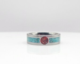 Anillo rústico de titanio con incrustaciones de turquesa y coral - Estilo suroeste