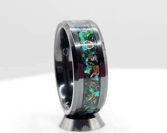 Black Ceramic Ring with Multi Color Opals, Copper & Green Glow Inlay - Comfort Fit