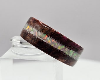 Rustic Burl Wood Ring with Opal Inlay on a Titanium Comfort Fit Core, Nature Inspired.