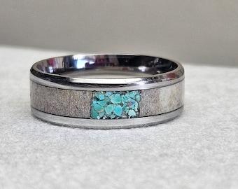 Titanium Ring with Antler and Turquoise Inlay, Rustic, Comfort Fit