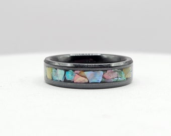 Black Ceramic Ring with Multi-Color Abalone Shell Inlay