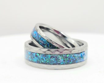 Hammered Tungsten Ring with Multi Blue Opal Inlay, Black Base - Comfort Fit