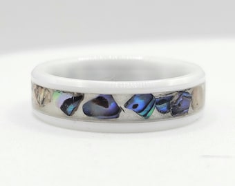 Glowing Abalone Ring, White Ceramic, Rustic Yet Modern Ring - 6mm
