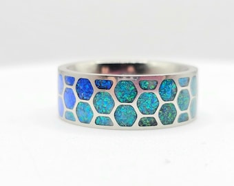 Titanium Honeycomb Design Ring with Multicolor Opal Inlay
