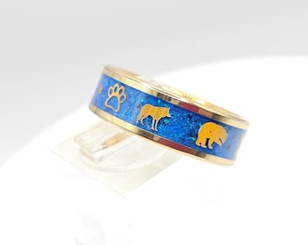 UNOFFICIAL: "Blue & Gold" (Glowing) Scout Ring.  Gold plated tungsten with Blue Glow, Blue Opal Base, and Gold Aluminum "Scout" shapes.