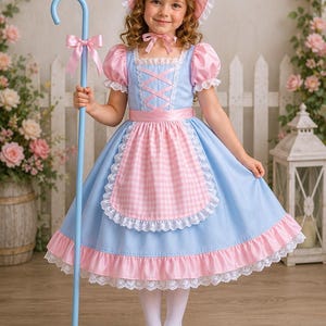 May include: A light blue dress with pink puff sleeves, a pink gingham apron, and white lace trim. The outfit includes a matching pink bonnet with lace and a light blue shepherd's crook featuring a pink ribbon bow. White tights and white shoes.