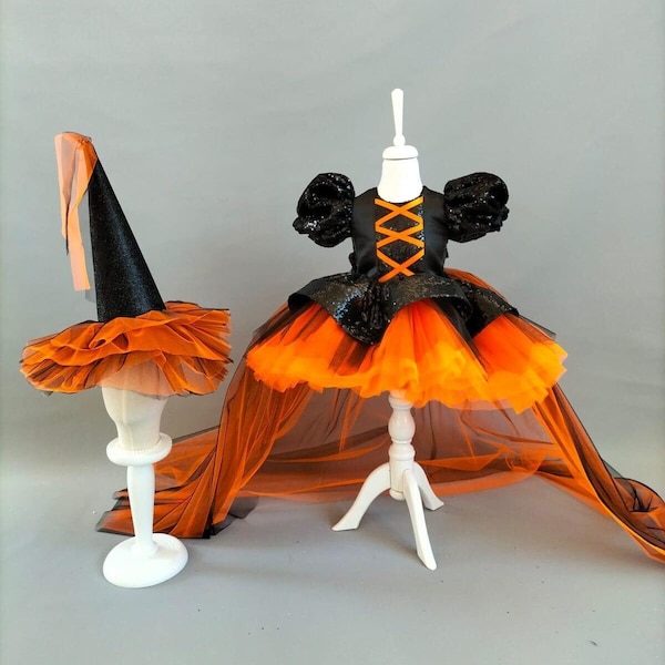 Halloween Witch Costume Dress with Matching Hat: Orange & Black