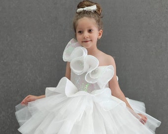 One Shoulder White Tulle Baby Dress: Sparkling Train Tail