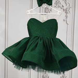 Emerald Green Puffy Layered Dress: Toddler Birthday Flower Girl Outfit