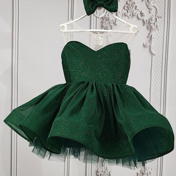 Elegant Emerald Green Delight Puffy Layered Knee-Length Dress for Baby Girls – Ideal for Toddler Birthdays and Wedding Flower Girl Magic