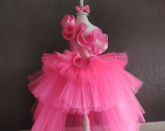 One Shoulder Elegance- Sparkling Neon Fuchsia Baby Girl Dress with Train Tail-Toddler Birthday Party Dress- Pink Tulle Dress- Puffy Dress