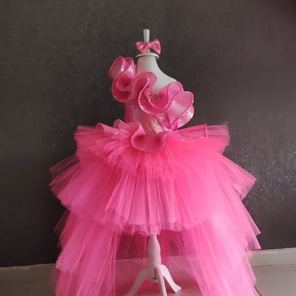 One Shoulder Elegance- Sparkling Neon Fuchsia Baby Girl Dress with Train Tail-Toddler Birthday Party Dress- Pink Tulle Dress- Puffy Dress