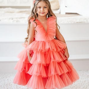 Orange Tulle Birthday Party Dress -Maxi Ruffle Dress in Yellow Princess Toddler Dress, Layered Tulle Tutu Dress, Flower Accents Dress