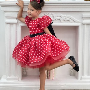 Minnie Mouse-Inspired Red and White Polka Dot Knee-Length Dress - Birthday Party Dress with Black Tutu- Minnie Halloveen Costume
