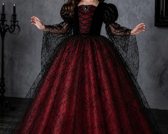 Girls Vampire Costume, Vampire Princess Dress, Gothic Halloween Costume for Kids, Red Black Vampire Dress, Halloween Outfit
