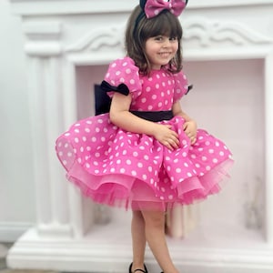 Minnie Mouse-Inspired Pink and White Polka Dot Knee-Length Dress - Birthday Party Dress Pink Tutu- Minnie Halloveen Costume- Toddler Dress
