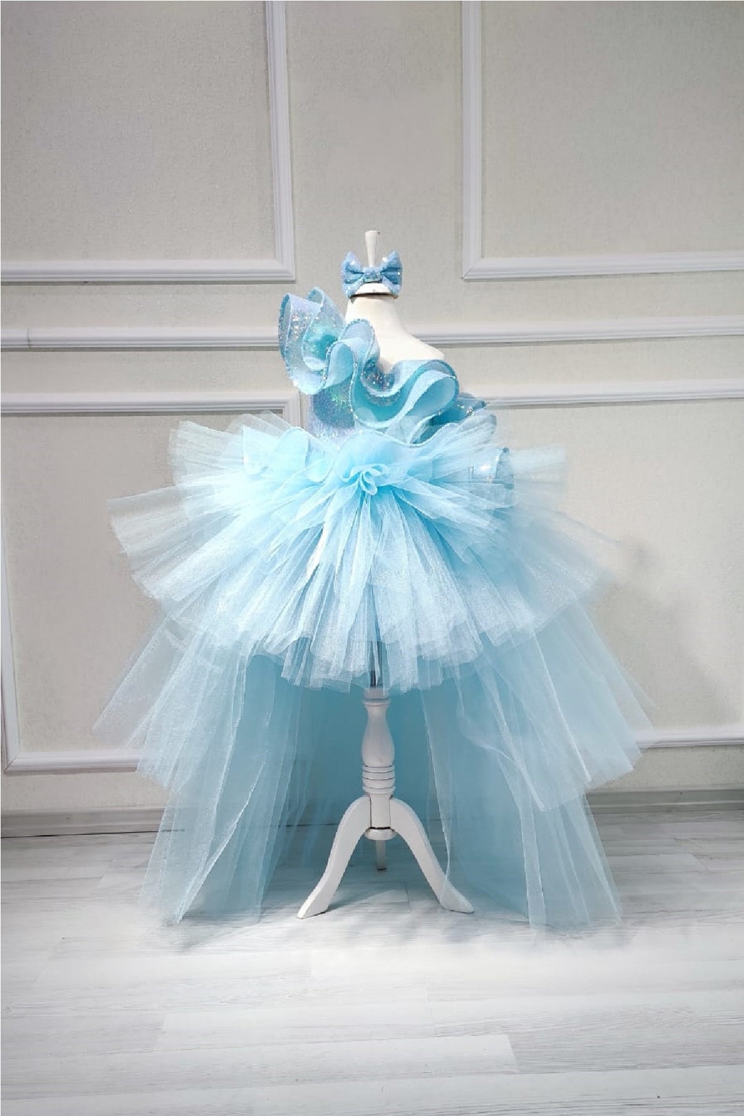 One-Shoulder Glitter Tulle Gown with Lace-Up Back Turquoise