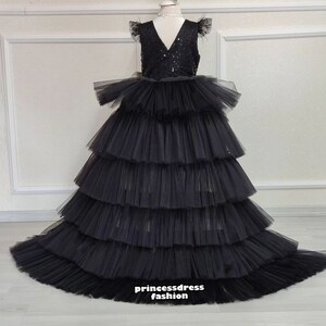 Handmade Toddler Black Party Dress, Elegant Ball Gown for Wedding & Graduation, Flower Girl Birthday Dress with Train Tail