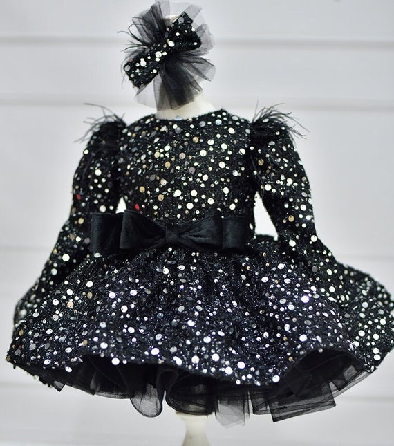 black sequin tutu dress Black Sequin Tulle Ruffle Sleeves Wedding Flower Girl Dress